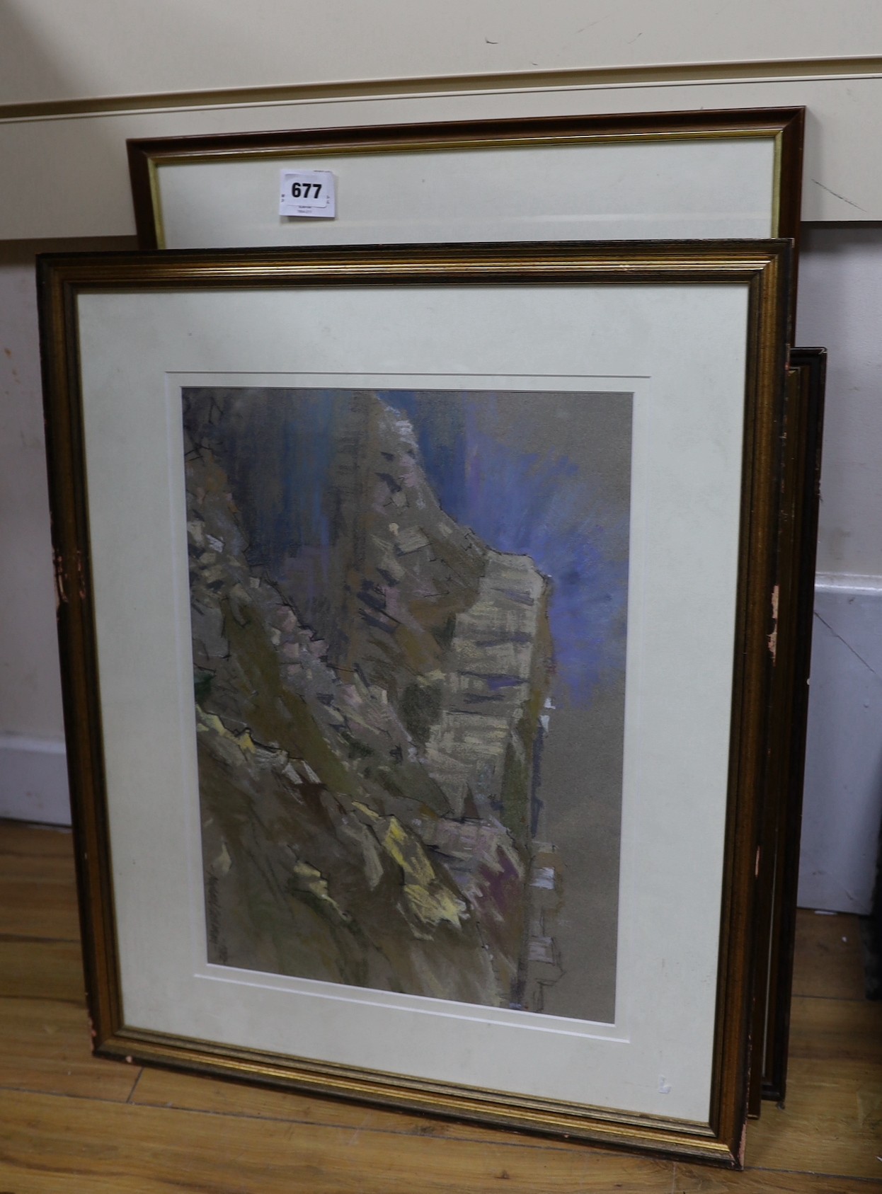 Michael Cadman (1920-2010), pastel, Coastal cliffs, signed and dated 1982, 30 x 43cm, together with E. W. Sharland (fl.1911-1925), four colour etchings, Views of Rouen Cathedral and John Iouv House, and two other prints,